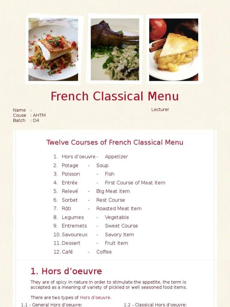 French Classical Menu Hors D'oeuvre Soup