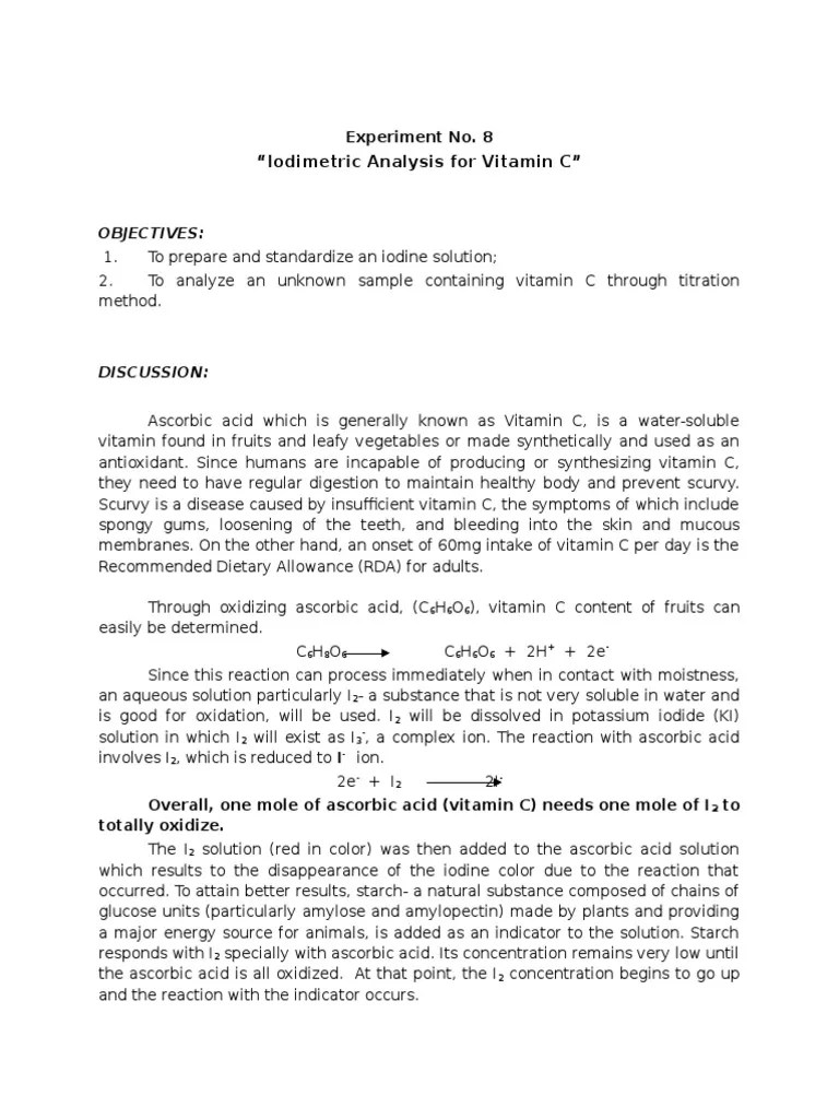 Iodometric Analysis for Vitamin C lab report Vitamin C