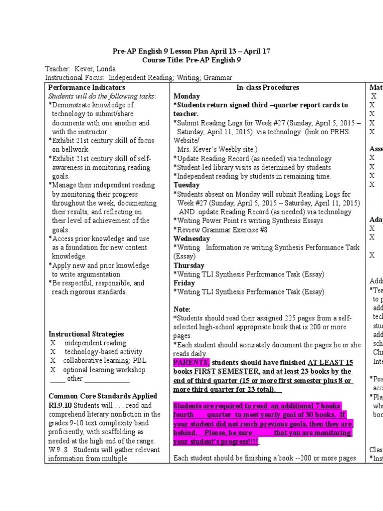31 preap english 9 lesson plan april 13april 17 English Grammar