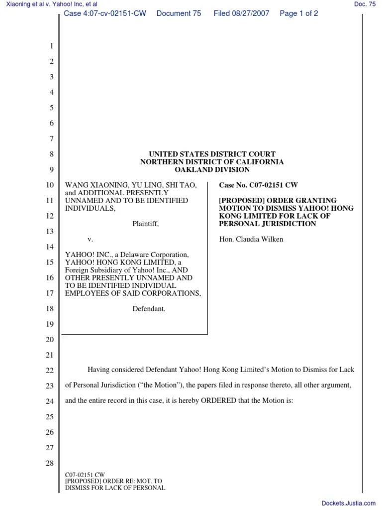 C0702151 CW [Proposed] Order Re Mot. To Dismiss For Lack Of Personal