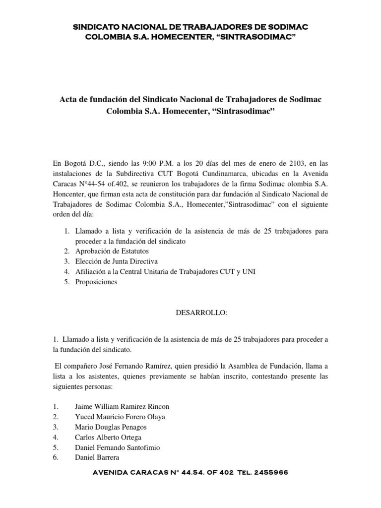 Acta de Fundación Del Sindicato Colombia Sindicato