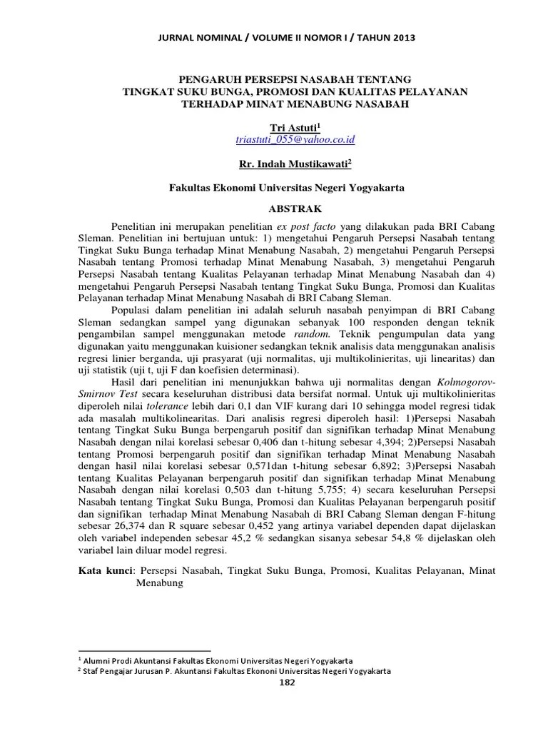 Pengaruh Persepsi Nasabah Tentang Tingkat Suku Bunga, Promosi Dan