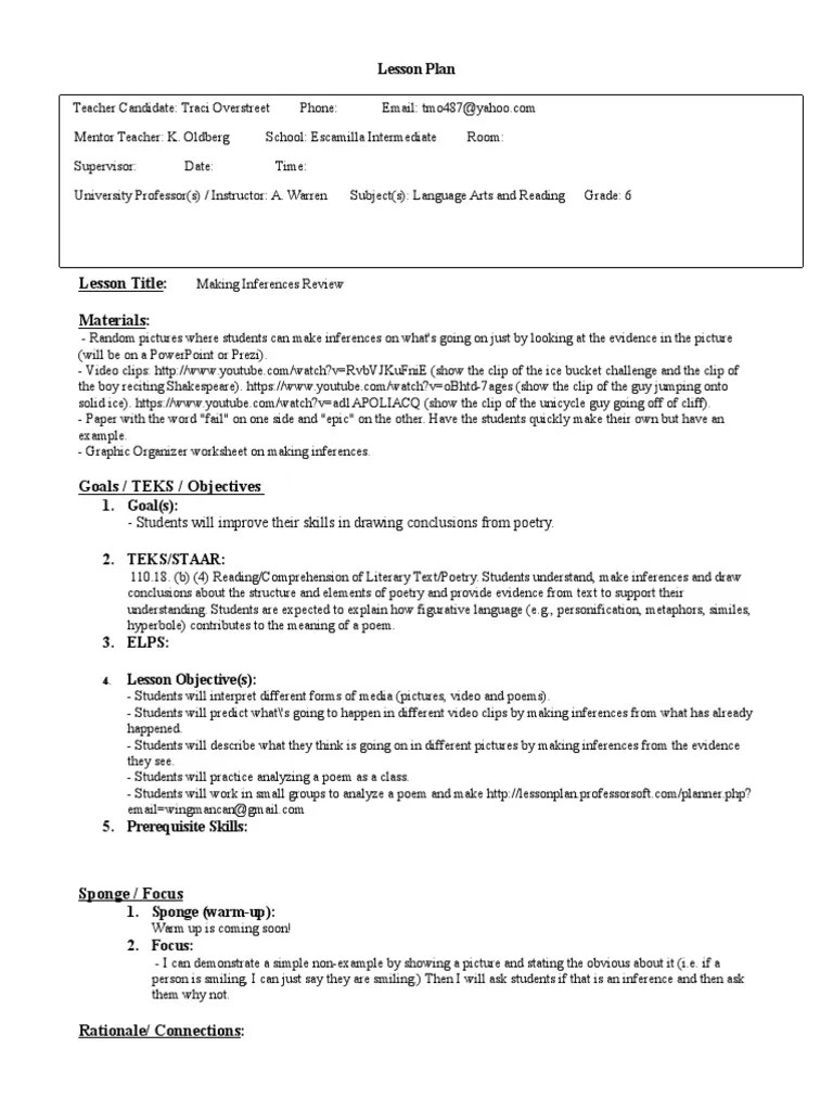 making inferences review lesson plan | Reading Comprehension | Lesson Plan
