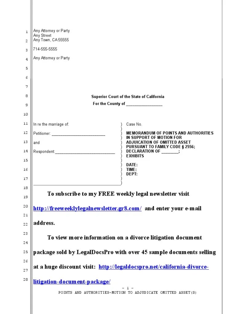 Sample Motion to Adjudicate Omitted Asset Under Family Code Section