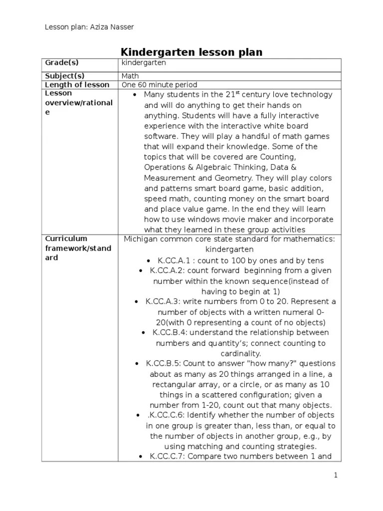 Kindergarten PDF Lesson Plan Common Core State Standards Initiative
