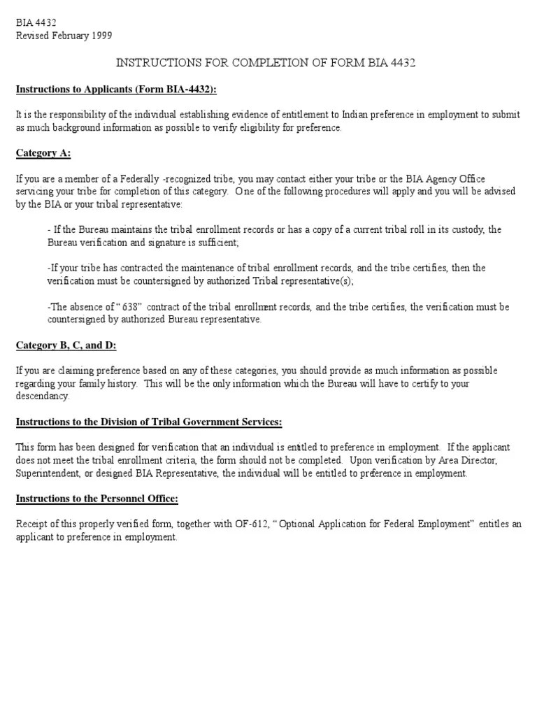 Form BIA 4432 Bureau Of Indian Affairs Indian Reservation