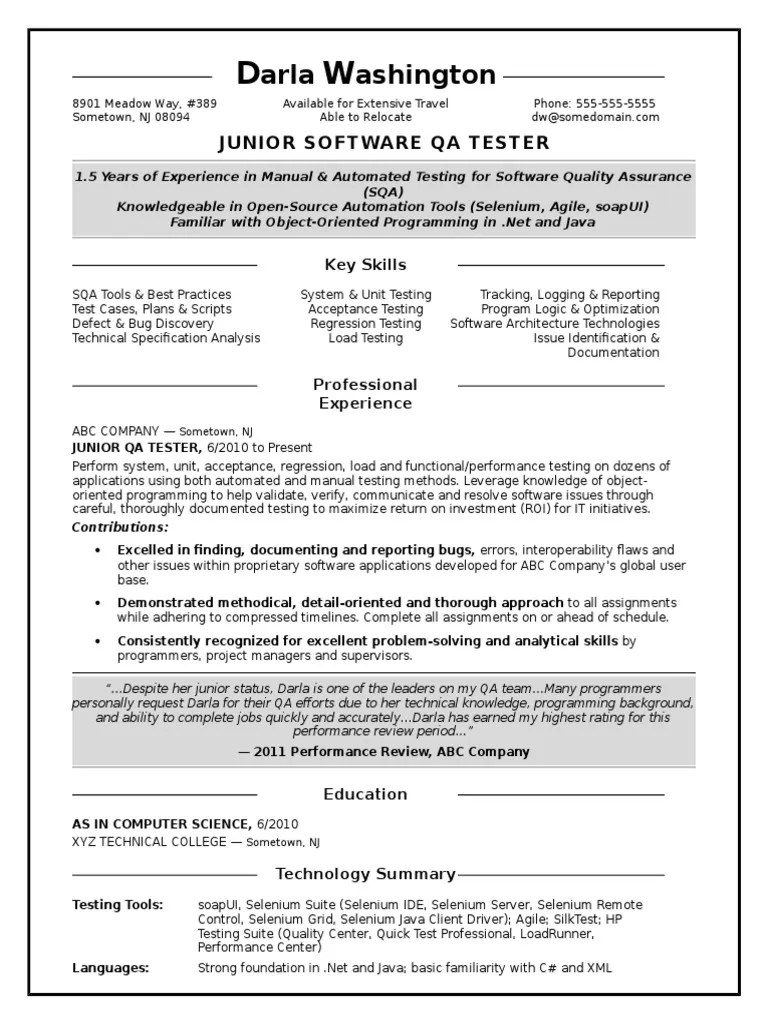 Sample Resume QA Software Tester Entry Level PDF