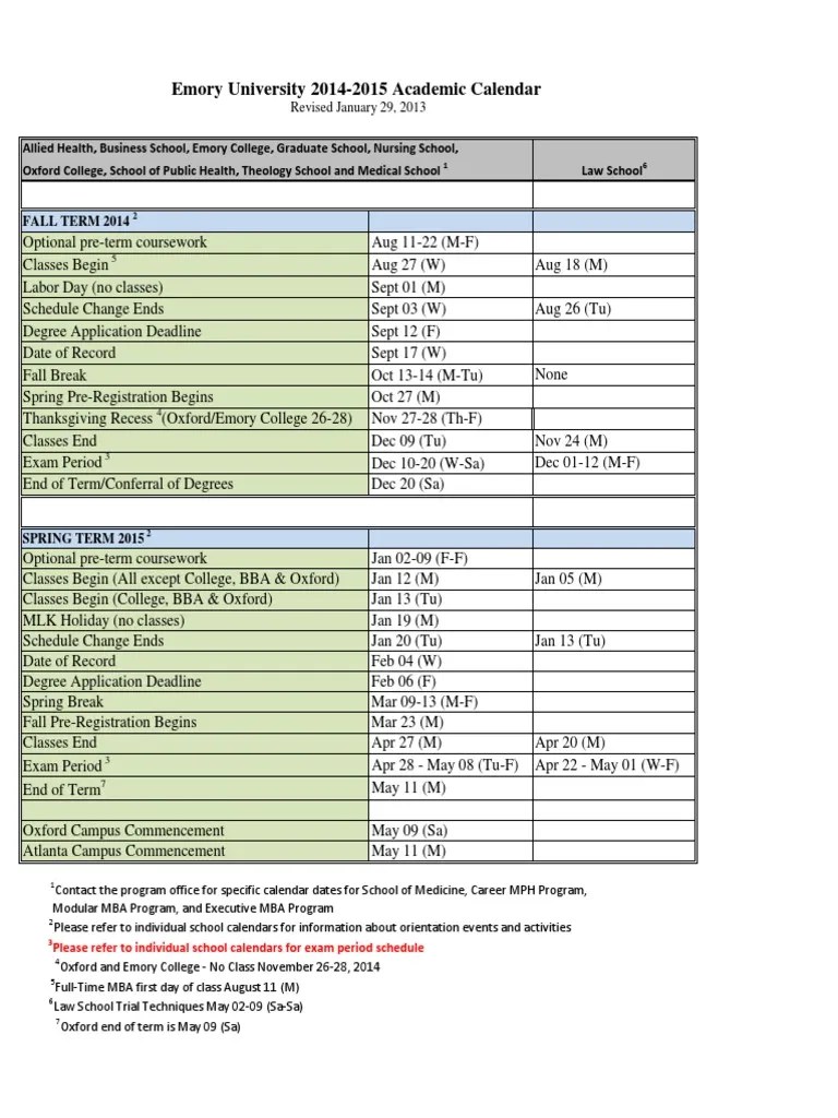 Emory University 20142015 Academic Calendar PDF