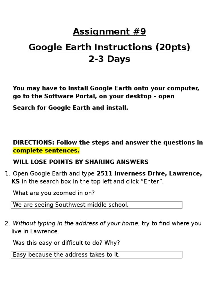 Assignment #9 Google Earth Instructions (20pts) 2-3 Days | PDF 