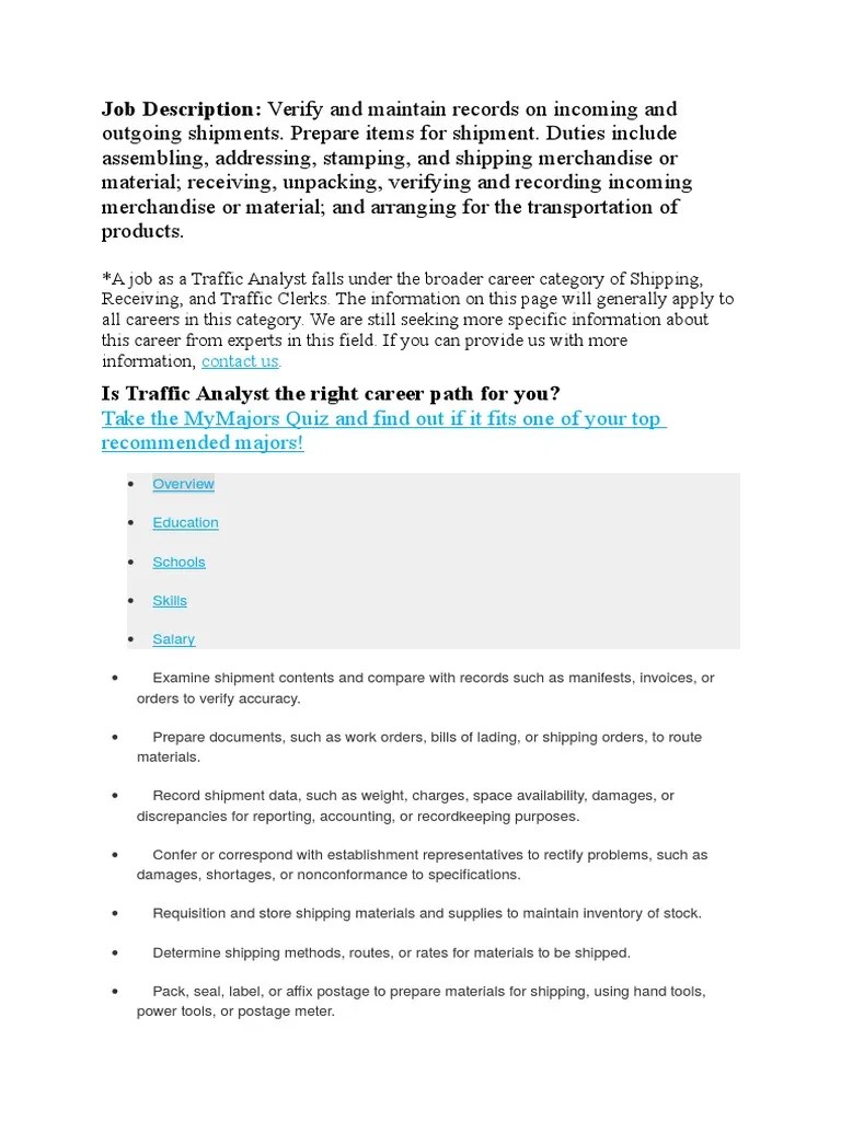 Coordinating Shipments and Maintaining Records Job Description for a