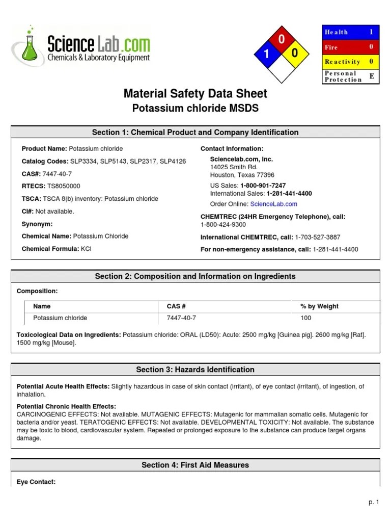 Msds KCL PDF Toxicity Potassium Chloride