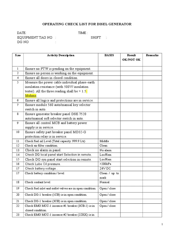 Diesel Generator Checklist