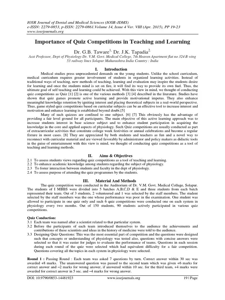 Importance of Quiz Competitions in Teaching and Learning PDF