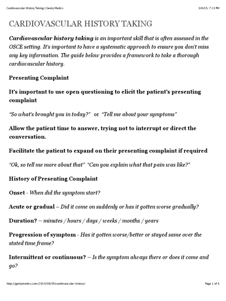 Cardiovascular History Taking Geeky Medics PDF Cardiovascular