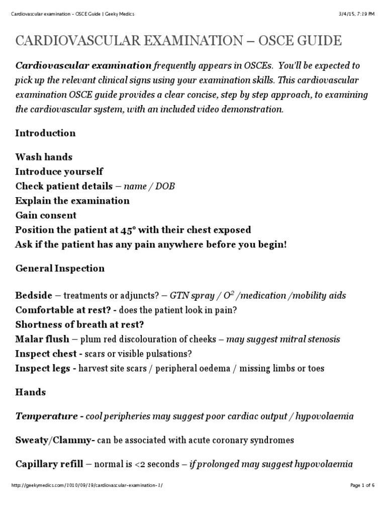 Cardiovascular Examination OSCE Guide Geeky Medics PDF Pulse