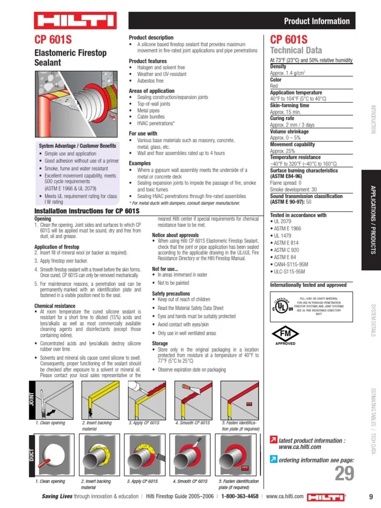 CP 601S CP 601S Elastomeric Firestop Sealant PDF Silicone Personal Protective Equipment