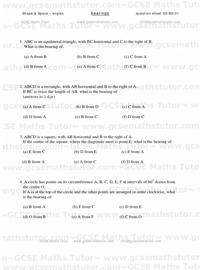 Bearings Worksheet 01, Shape & Space Revision From GCSE Maths Tutor PDF