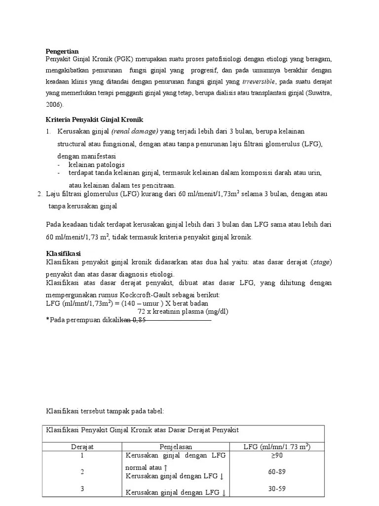 Pdf Hubungan Gagal Ginjal Kronik Tingkat 4 Dan 5 Dengan Kejadian Dislipidemia Pada Pasien Gagal Ginjal Kronik Di Rumah Sakit Umum Pusat Fatmawati Periode Tahun 2016 klasifikasi gagal ginjal