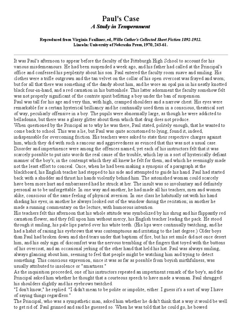 Paul's Case A Study in Temperament PDF Nature