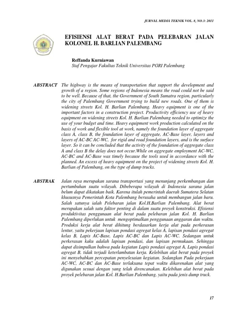 Jurnal Ttg Efisiensi Alat Berat_pelebaran Jalan Di Palembang