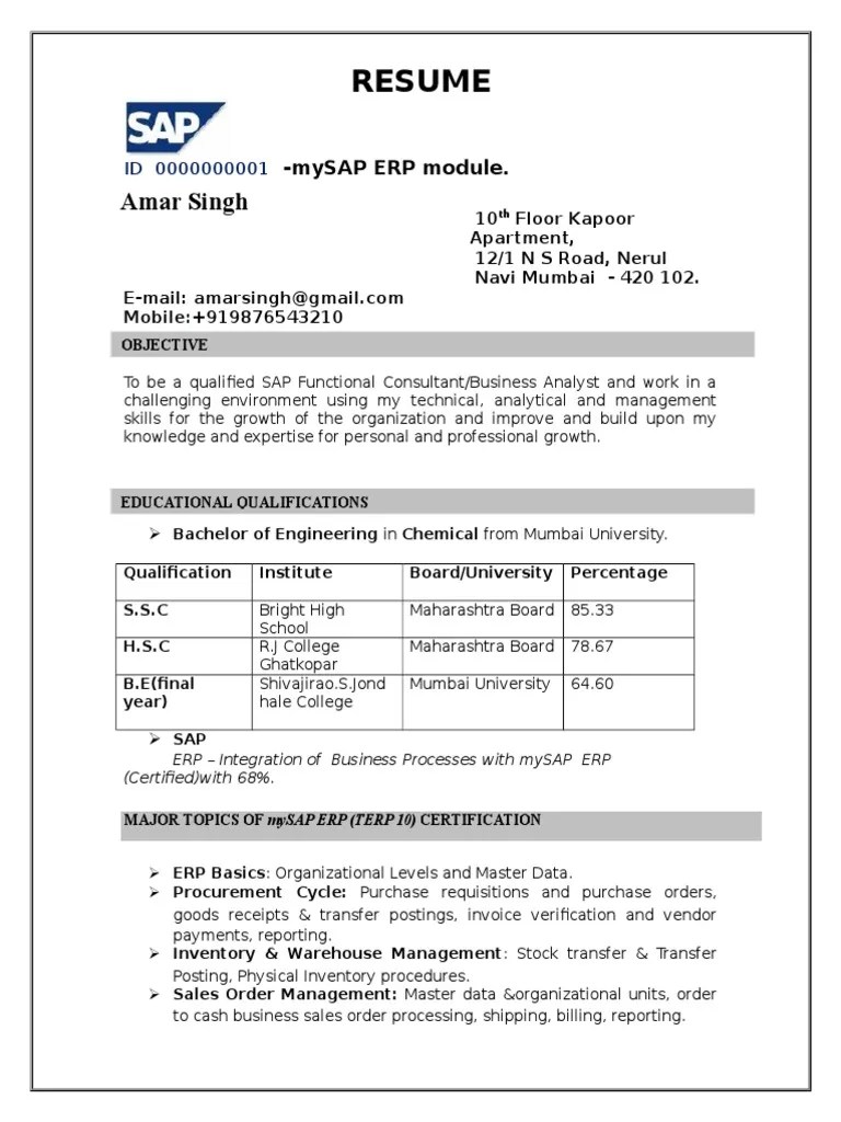 SAP SD Resume Format Enterprise Resource Planning Information