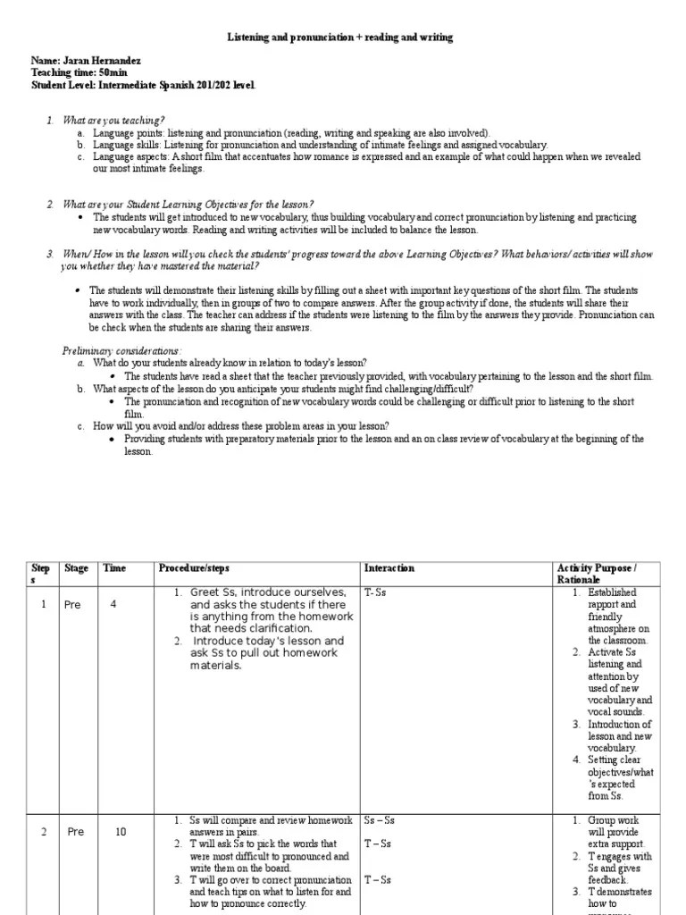 hernanadez spanish lesson plan Vocabulary Lesson Plan