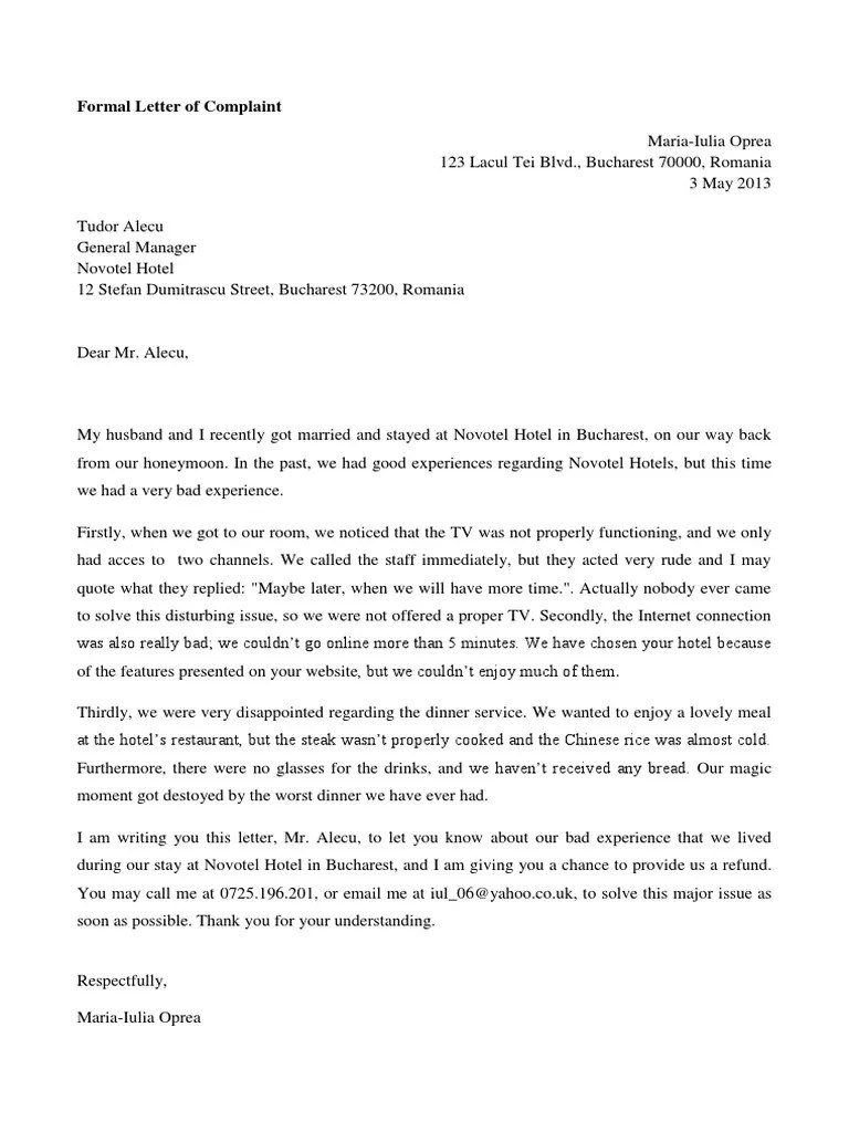 Formal Letter of Complaint