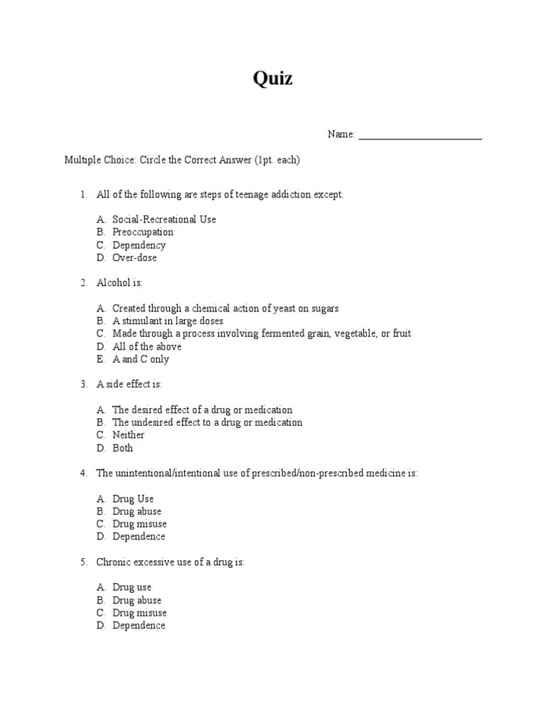 alcohol and drug quiz Substance Abuse Alcoholism