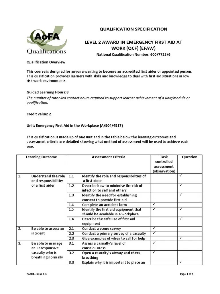 FA004 EFAW Qualification Specification First Aid Nursing