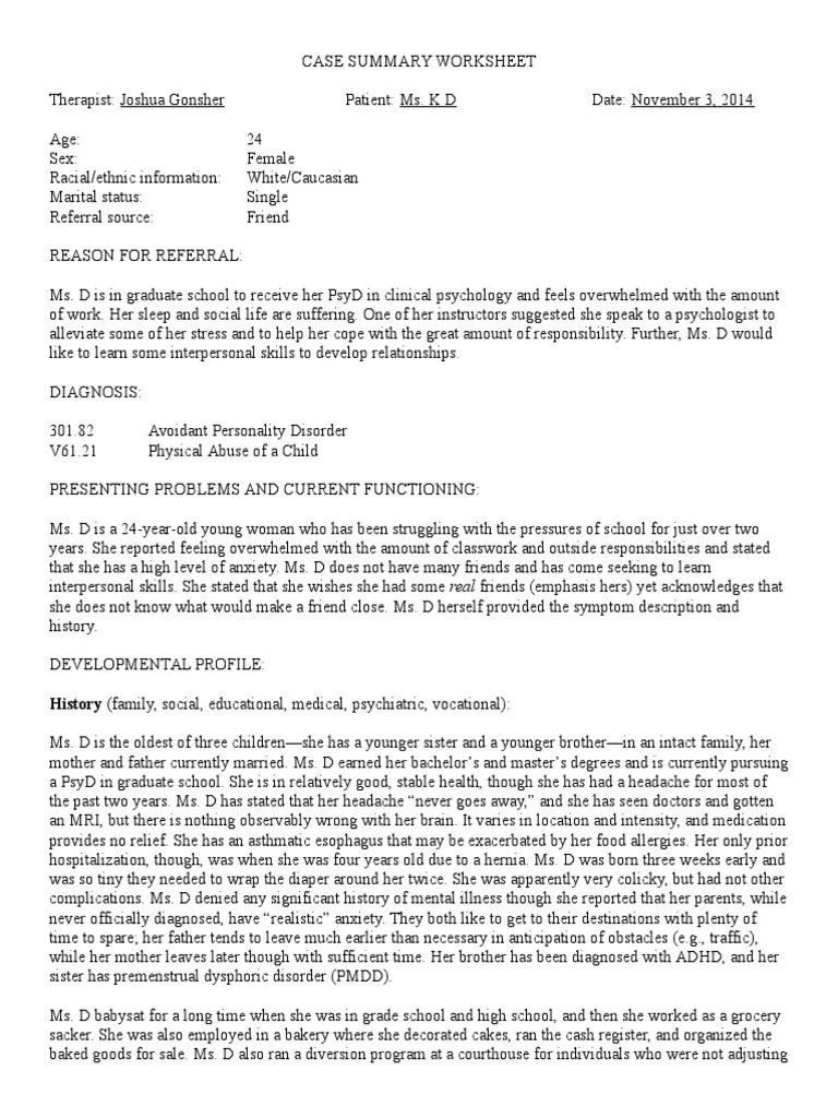 CBT Case Summary Cognitive Behavioral Therapy Psychotherapy