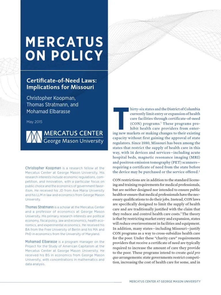 Certificate of Need Laws Missouri Resonance Imaging Economics