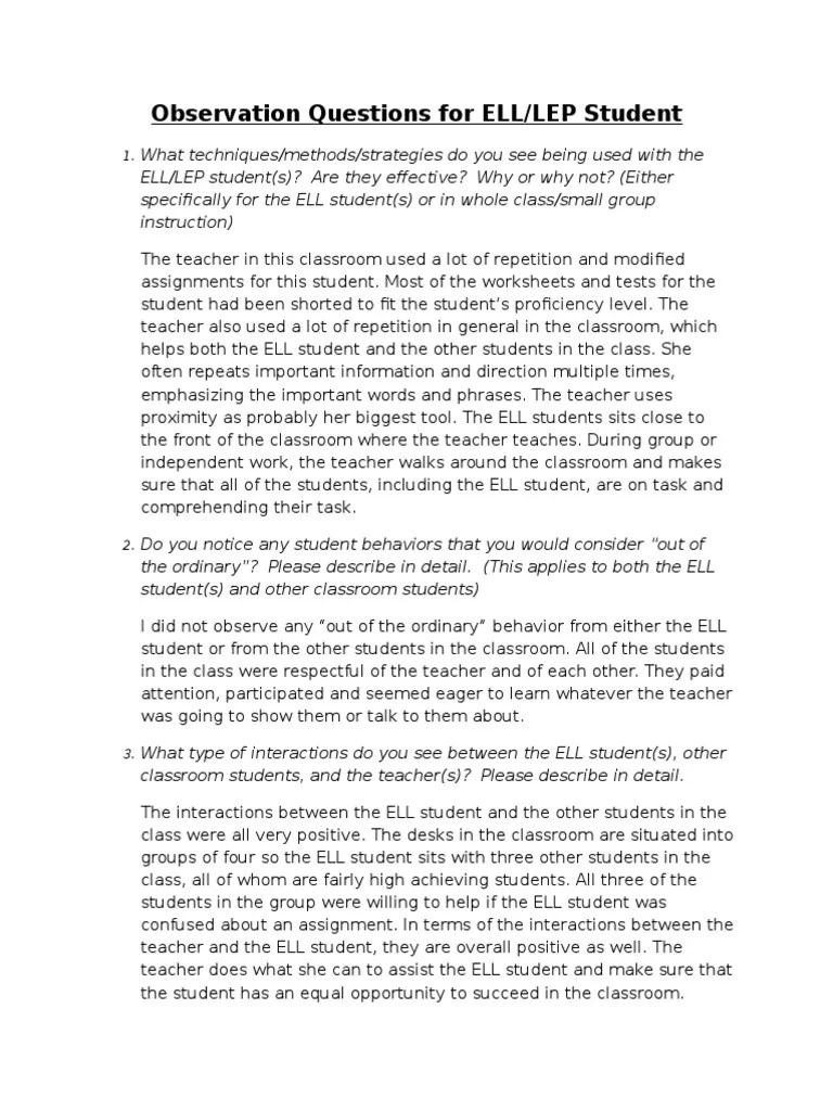 checklist observation questions Classroom Homework