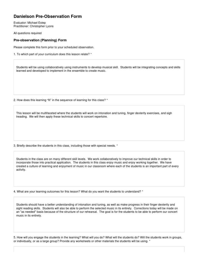 150507 danielson preobservation form 409 Quality Of Life Teaching