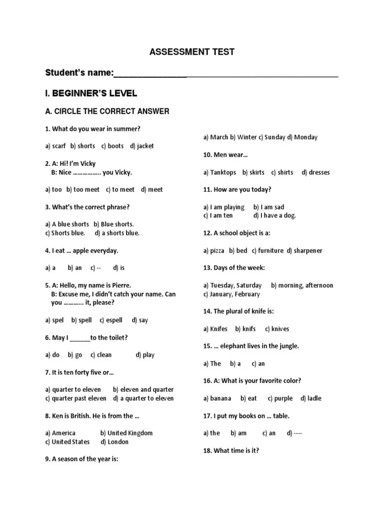 Assessment Test Basic Level 1 | PDF