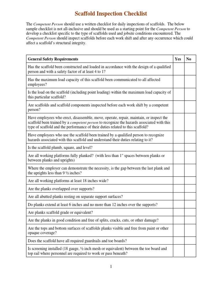 Scaffold Inspection Checklist Scaffolding Nature