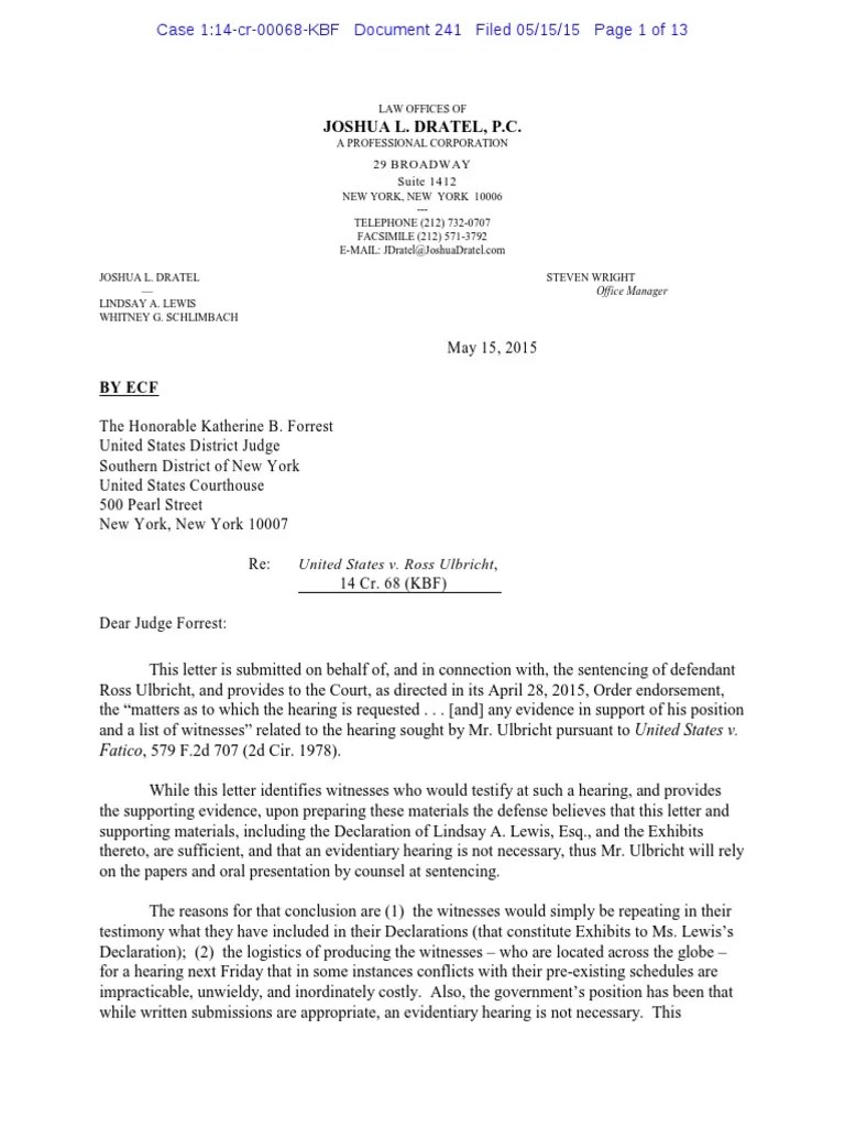 Ulbricht Sentencing Defense Letter Substance Abuse Causality