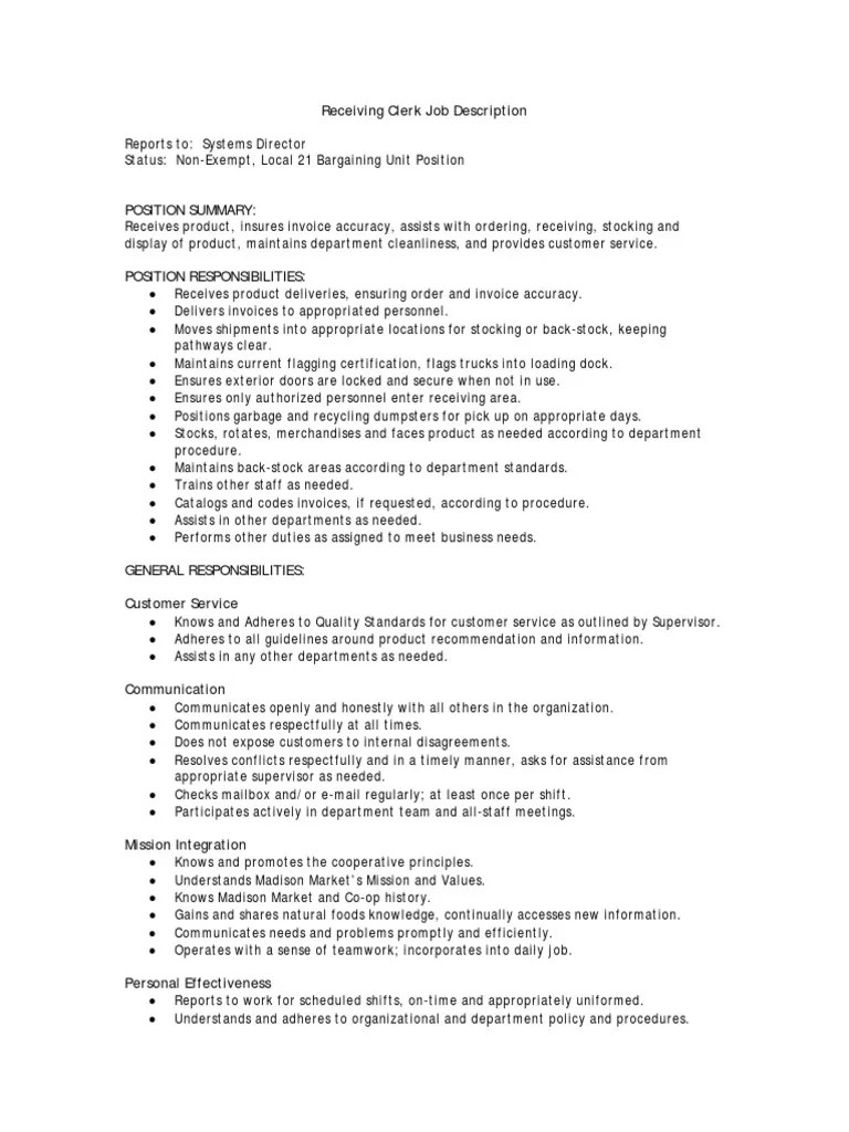 Receiving Clerk Job Description PDF Cooperative Business