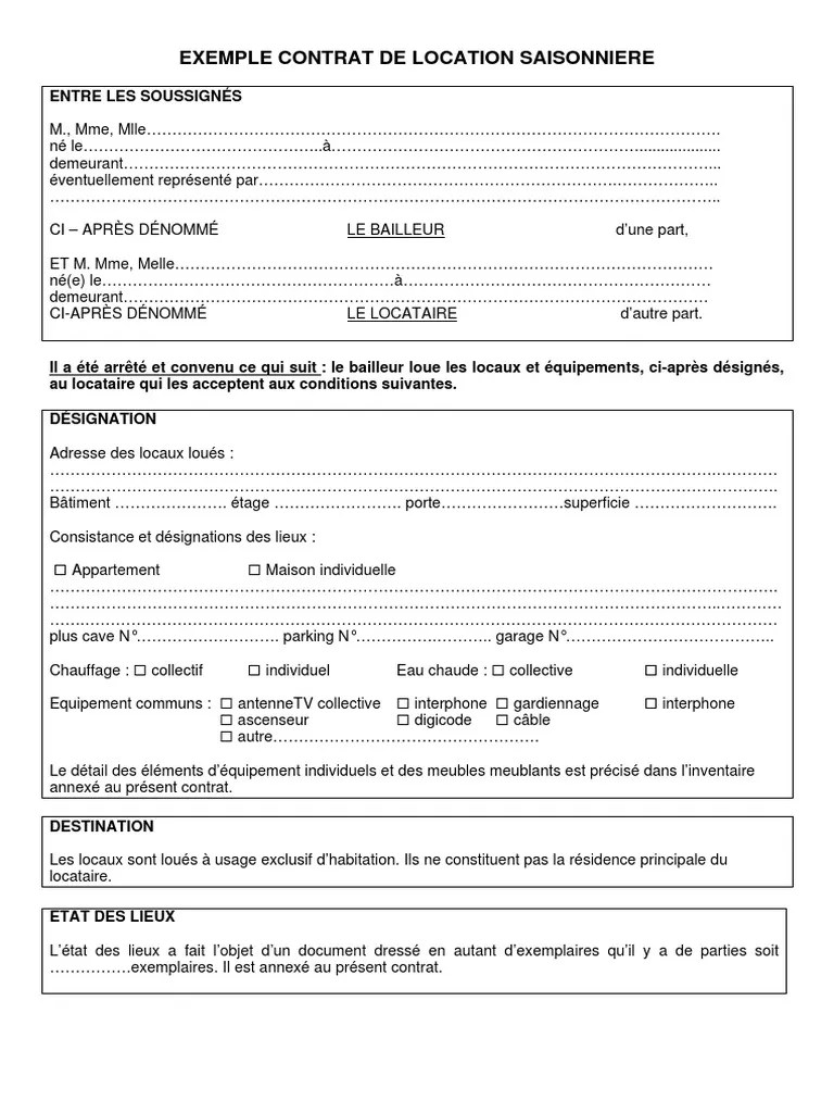 Modèle de contrat de location saisonnière Cautionnement Nullité du
