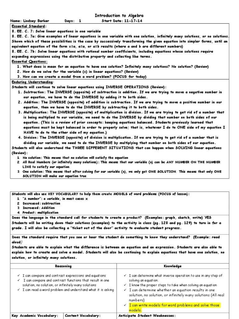 Solving Linear Equations Lesson Plan 11172014 PDF Multiplication Equations