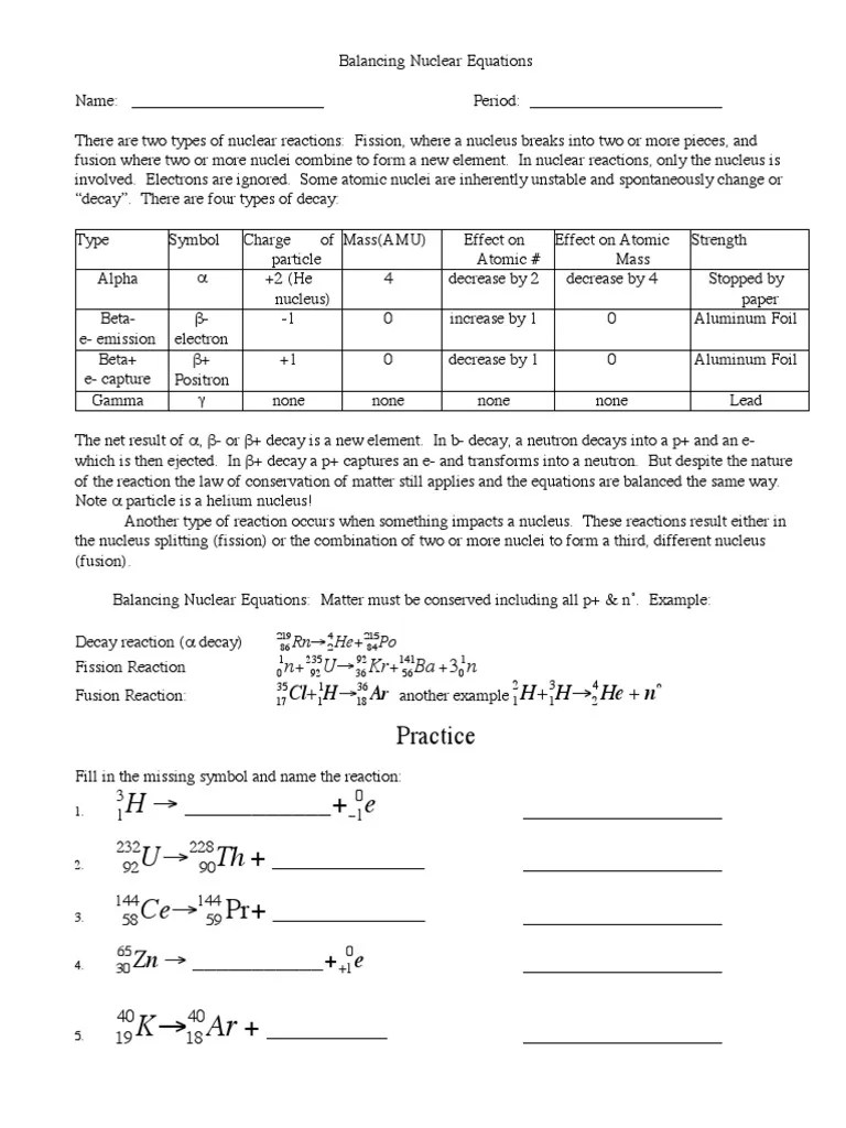 Balancing Nuclear Reactions Worksheet Nuclear Reaction Nuclear Physics