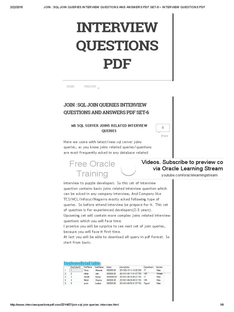 Join SQL Join Queries Interview Questions and Answers PDF Set6