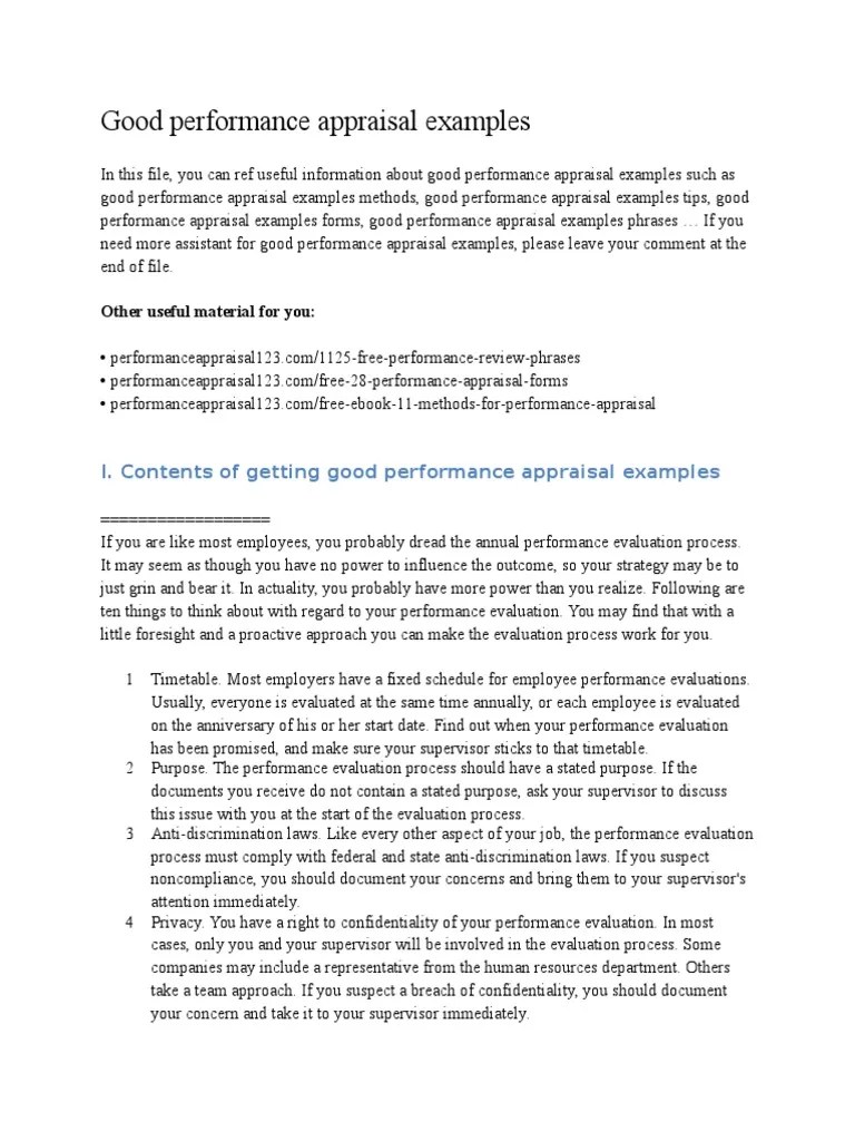 Good Performance Appraisal Examples Performance Appraisal Evaluation