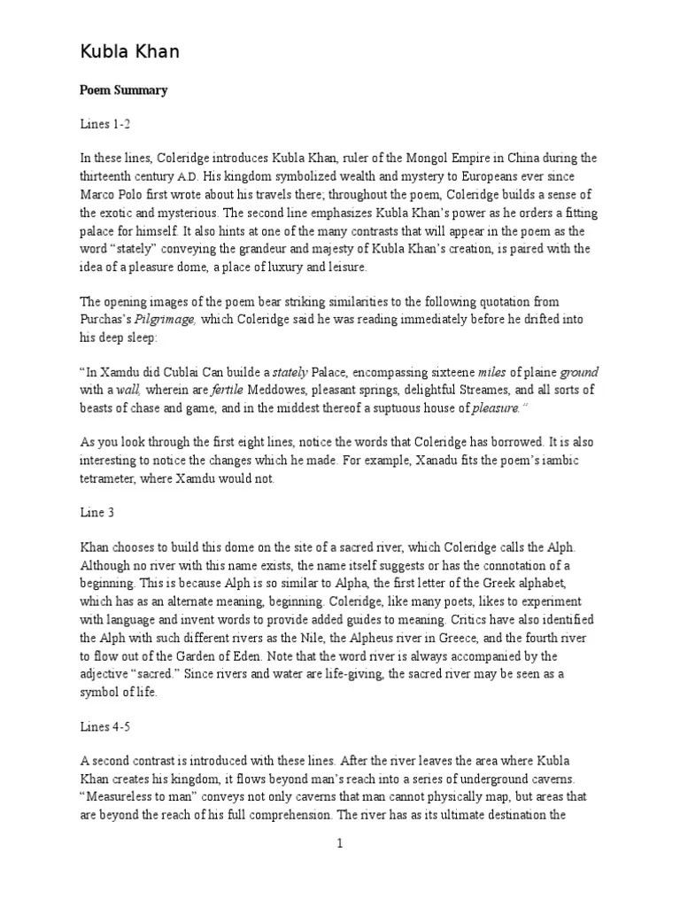 Summary of Kubla Khan PDF Poetry