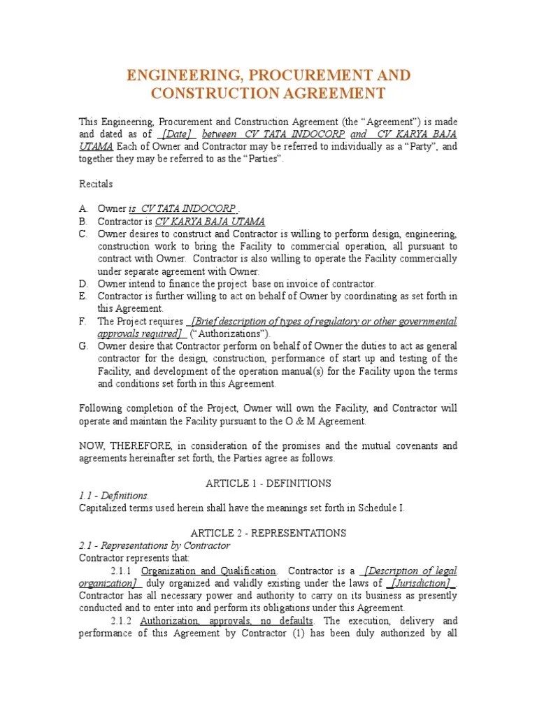 Epc Template Contract Contratista general Seguro de calidad