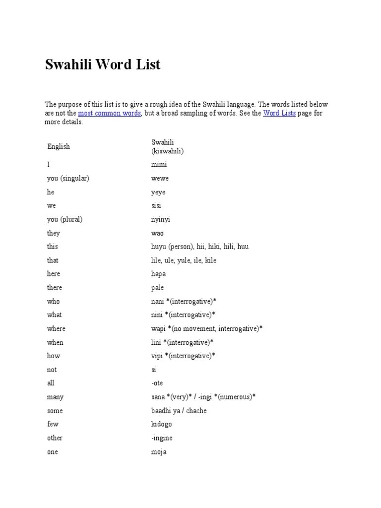 Swahili Word List PDF Swahili Language Languages