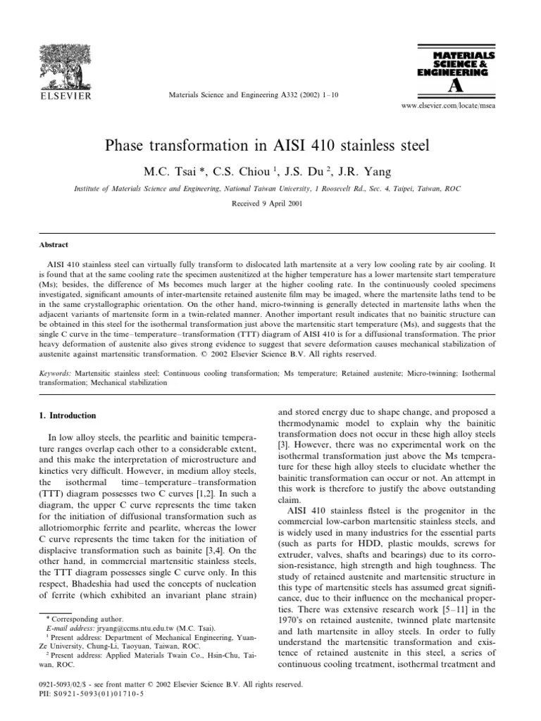 Phase transformation in AISI 410 stainless steel.pdf | Steel | Chemical