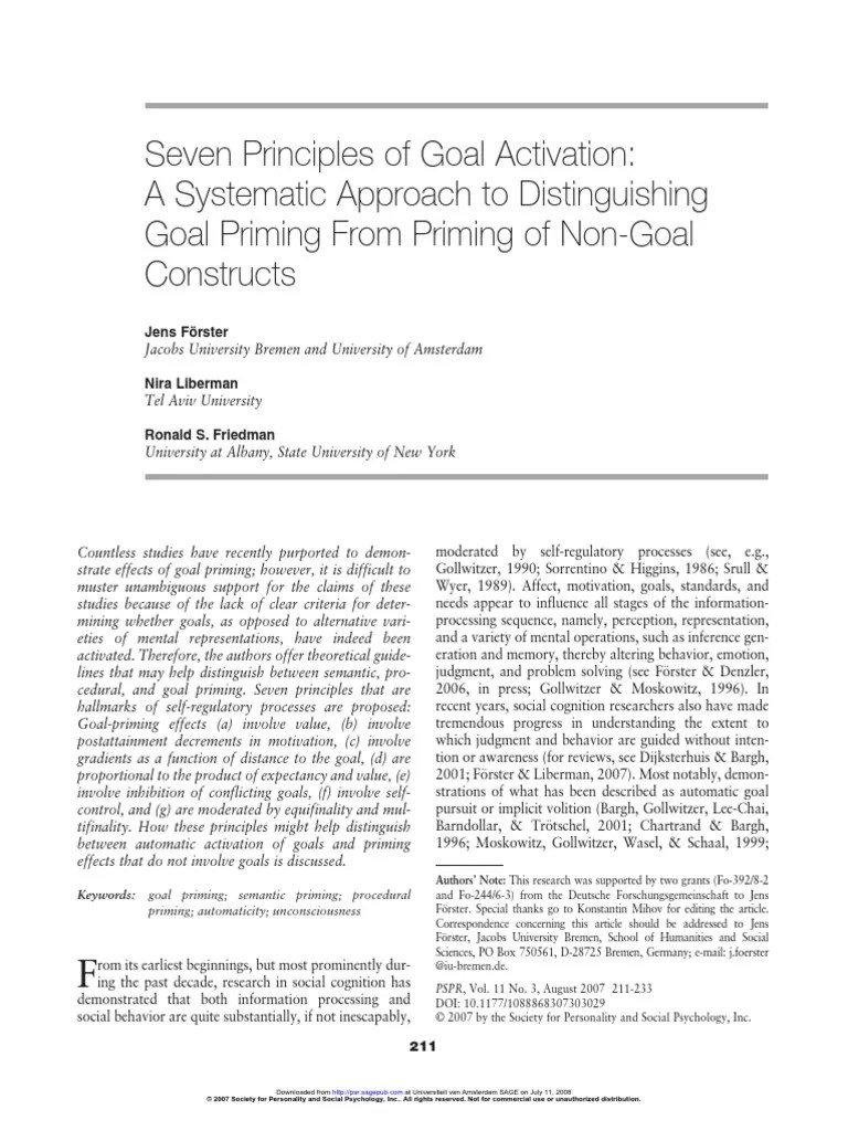7 Principles of GoalBased Priming PDF Priming (Psychology