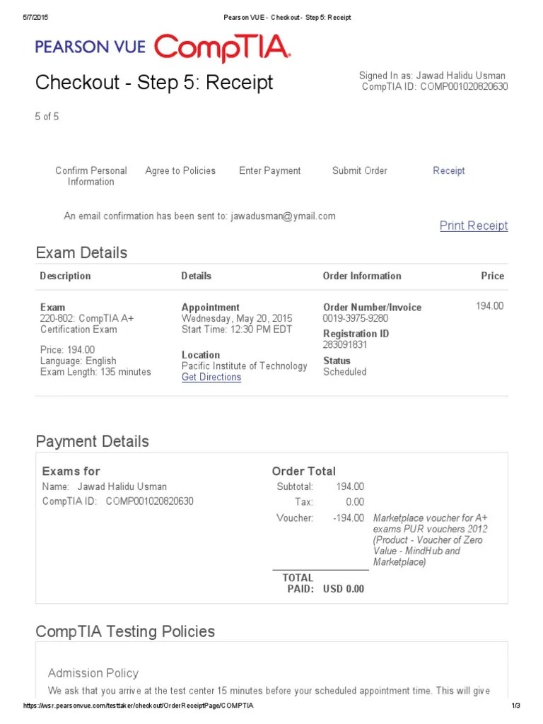 Pearson VUE Checkout Step 5 Receipt PDF PDF Comp Tia Voucher