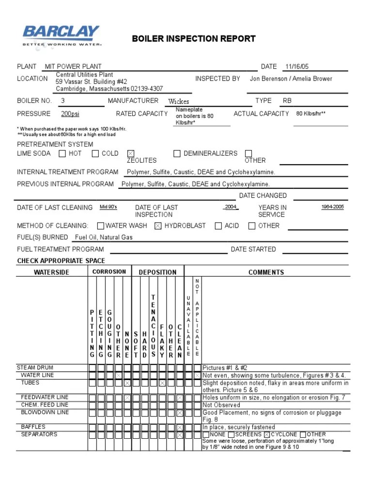 Boiler Inspection Report Template PDF Boiler Chemical Process