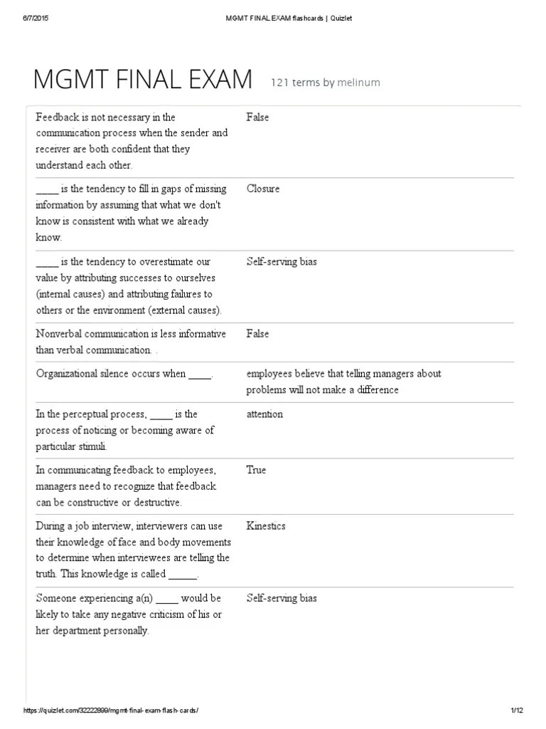 MGMT FINAL EXAM Flashcards Quizlet PDF Inventory Communication